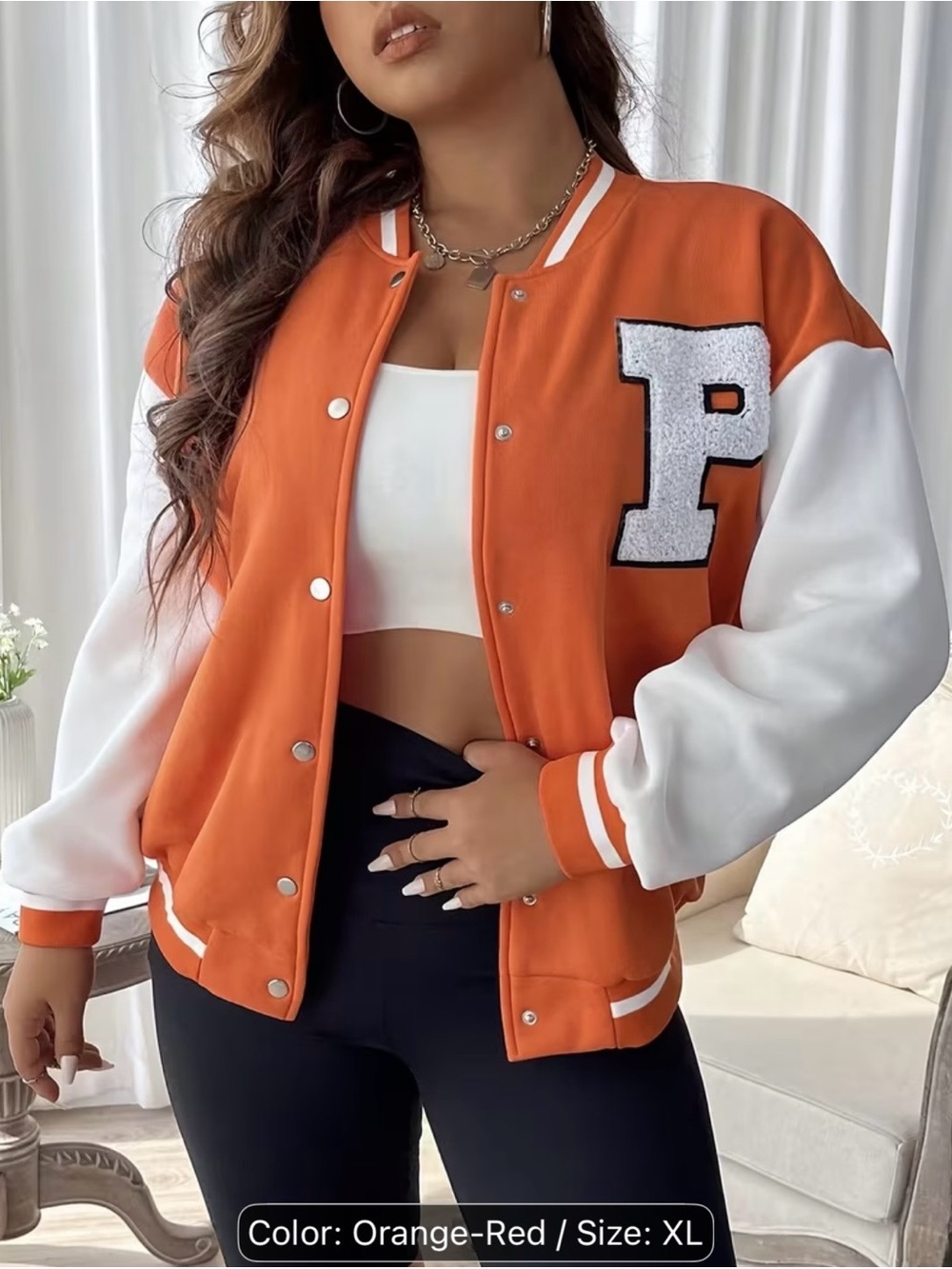 Orange Two-Tone Letterman Jacket with White Sleeves